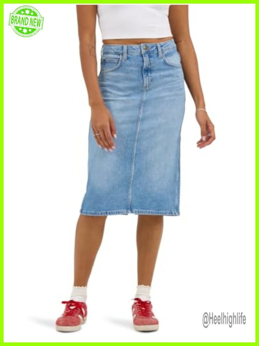 High Rise Denim Pencil Skirt Midi Length Stretch Recycled Cotton